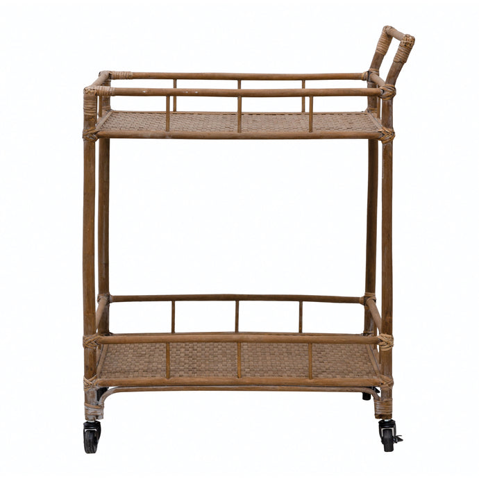 Hand Woven Bamboo And Rattan 2-Tier Bar Cart on Coasters