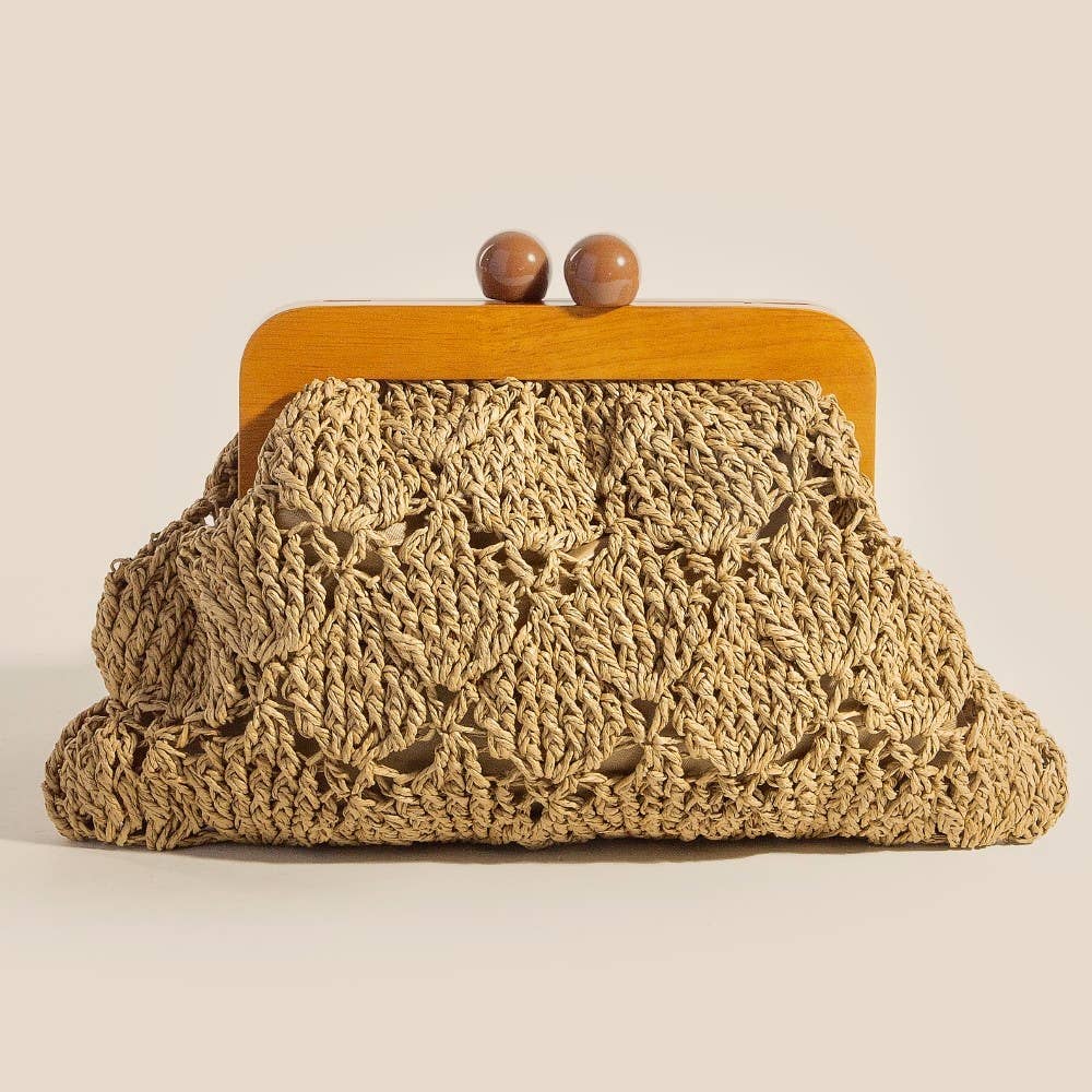 Straw Braided Wooden Frame Clutch Bag: KA
