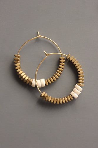 Gold Hematite and White Stone Hoop Earrings