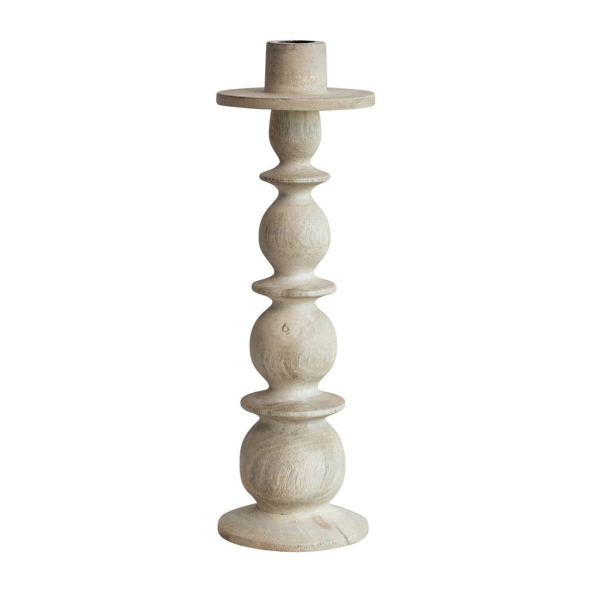 Carved Mango Wood Taper Holder / Bleached Finish