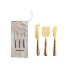 Load image into Gallery viewer, Stainless Steel Cheese Knives w/ Rattan Wrapped Handles, Set of 3 in Drawstring Bag