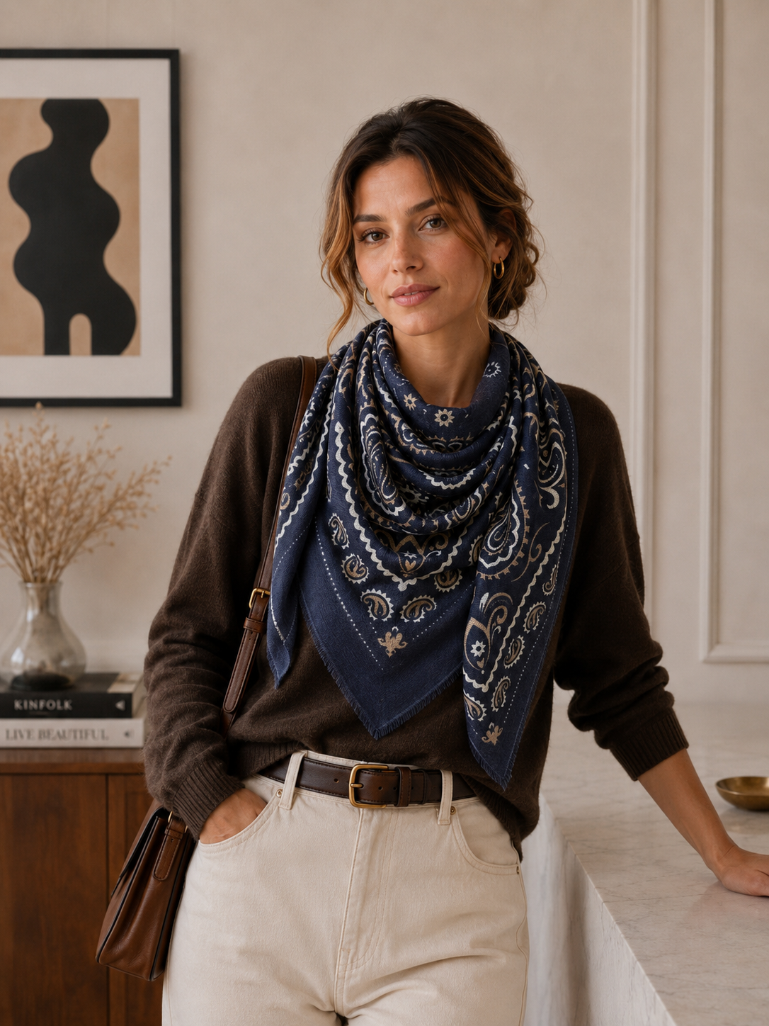 Large Woolen Square Bandana: Light taupe
