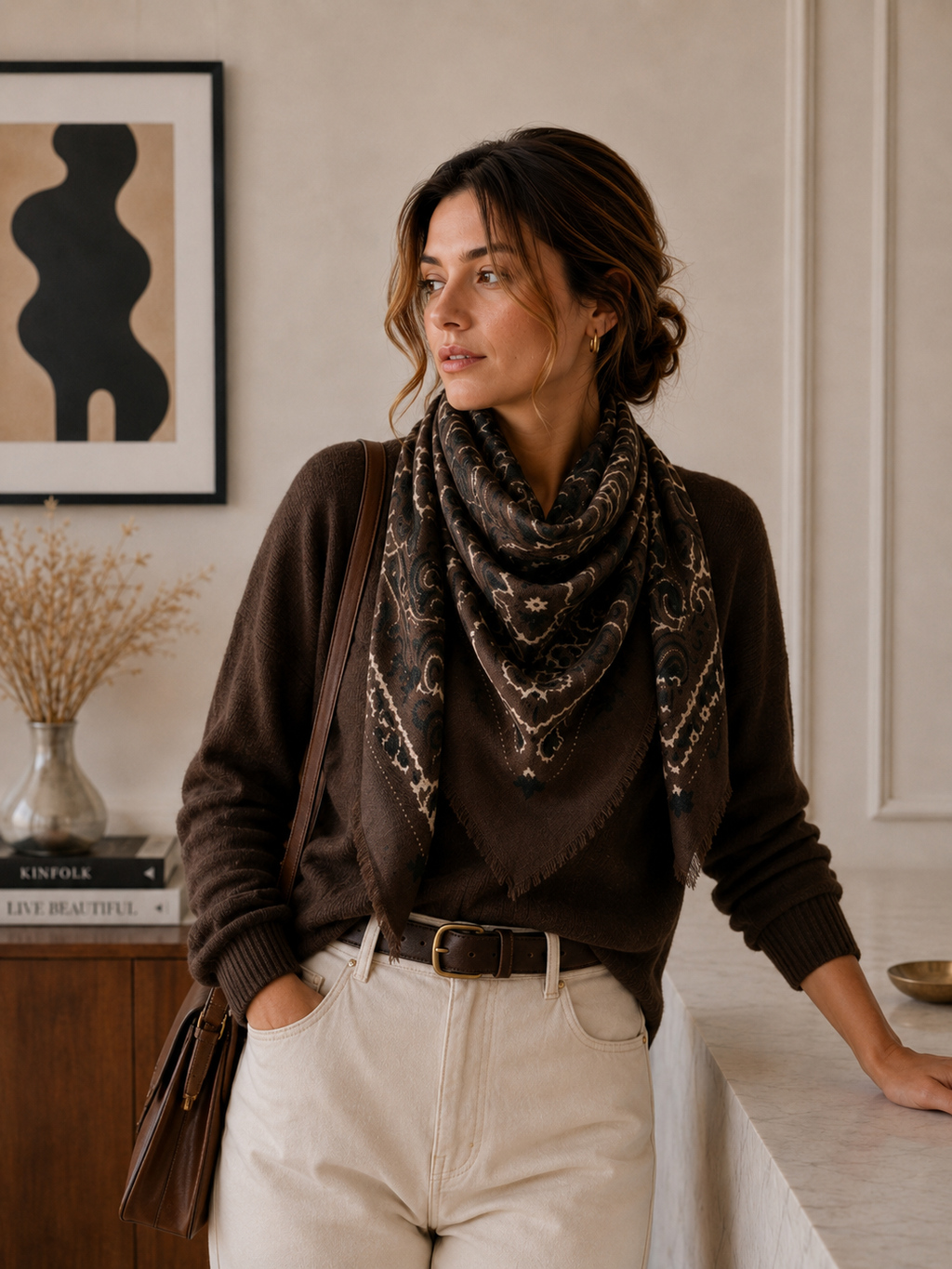 Large Woolen Square Bandana: Light taupe