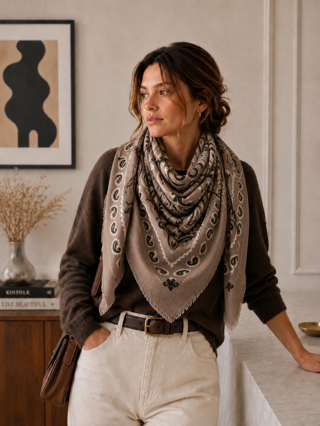 Large Woolen Square Bandana: Light taupe