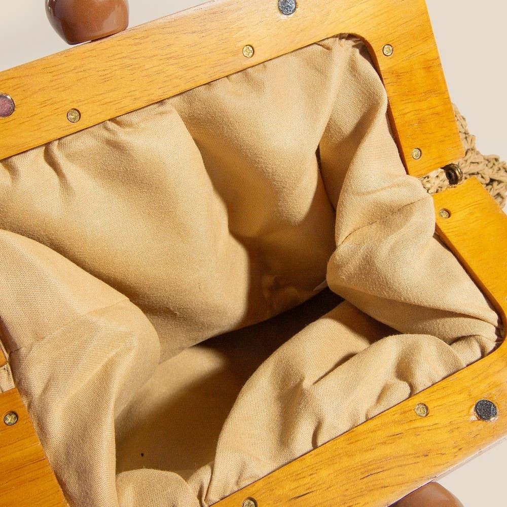 Straw Braided Wooden Frame Clutch Bag: KA