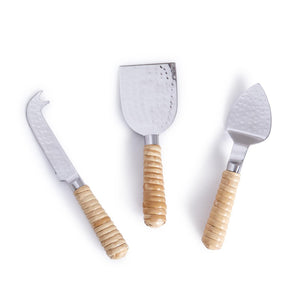 Hammered Cheese Knives with Rattan Wrapped Handles in Gift Box