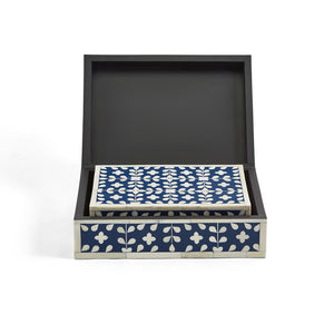 Flower and Petals Blue & White Tear Hinged Cover Box- Bone/Resin