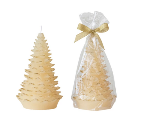 Unscented Tree Shaped Candle w/ Gold Tips, Eggnog Color