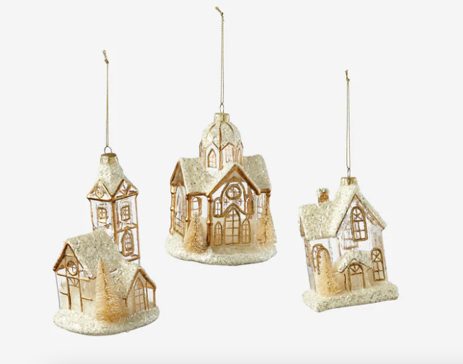 Snowy Gold House Ornament - 3 Assorted