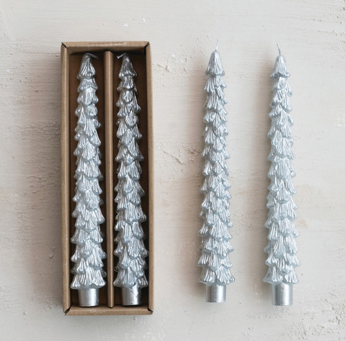 Unscented Silver Tree Shaped Taper Candles/ Set of 2