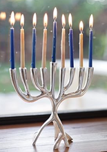 Load image into Gallery viewer, Tree of Life Menorah with Pastel Blue Candles