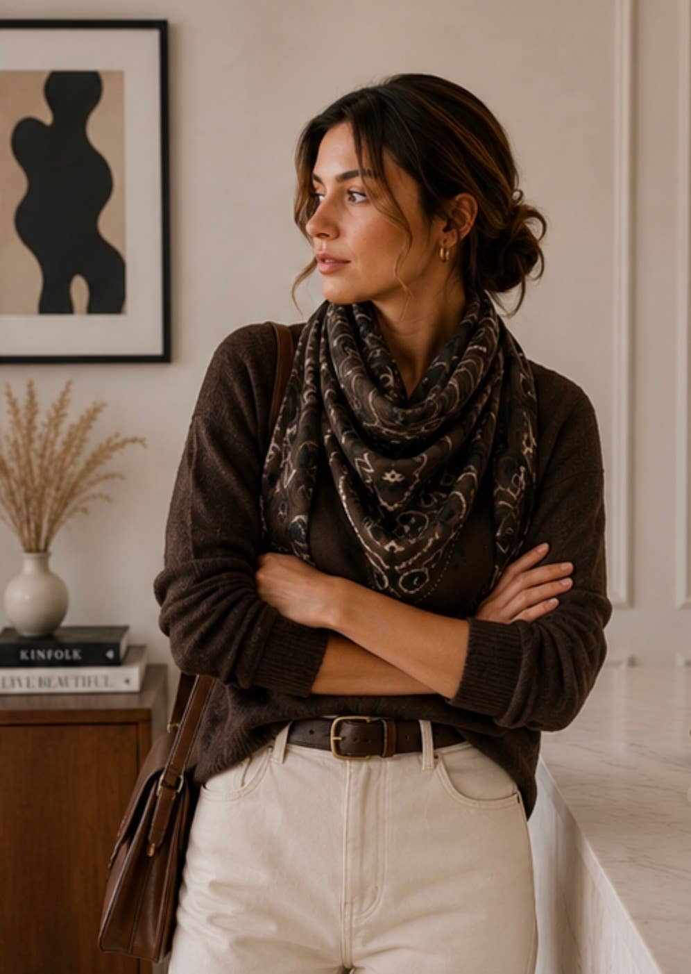 Large Woolen Square Bandana: Light taupe