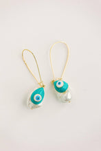 Load image into Gallery viewer, Natural Pearl and Evil Eye Threader Statement Earrings