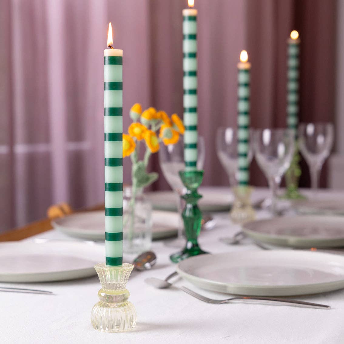 Green Stripe Dinner Candles - 25 Units Display | Christmas Home Decor |
