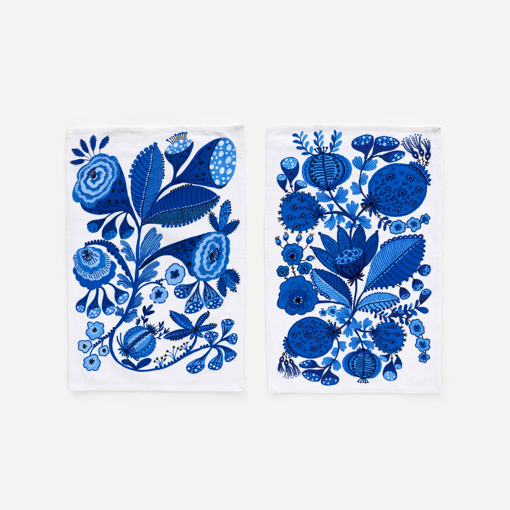 Blue and White Embroidered Dish Towel, 2 Assorted