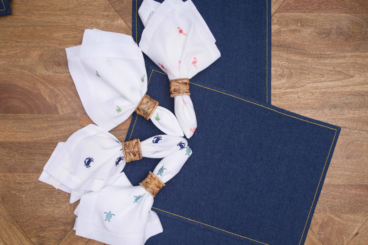 Coastal Navy Crab Hemstitch Napkins/ Set of 4