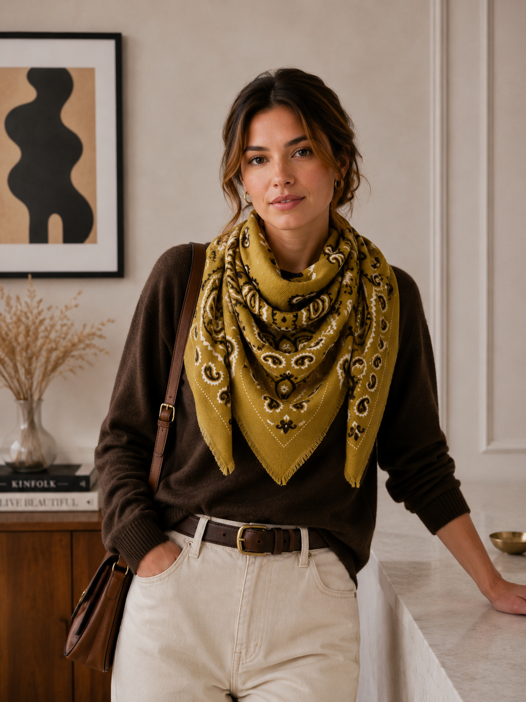 Large Woolen Square Bandana: Light taupe