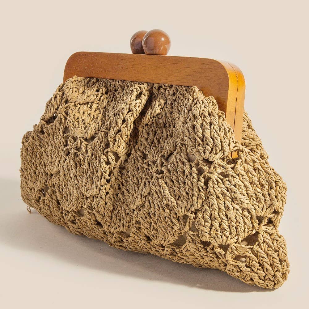Straw Braided Wooden Frame Clutch Bag: KA