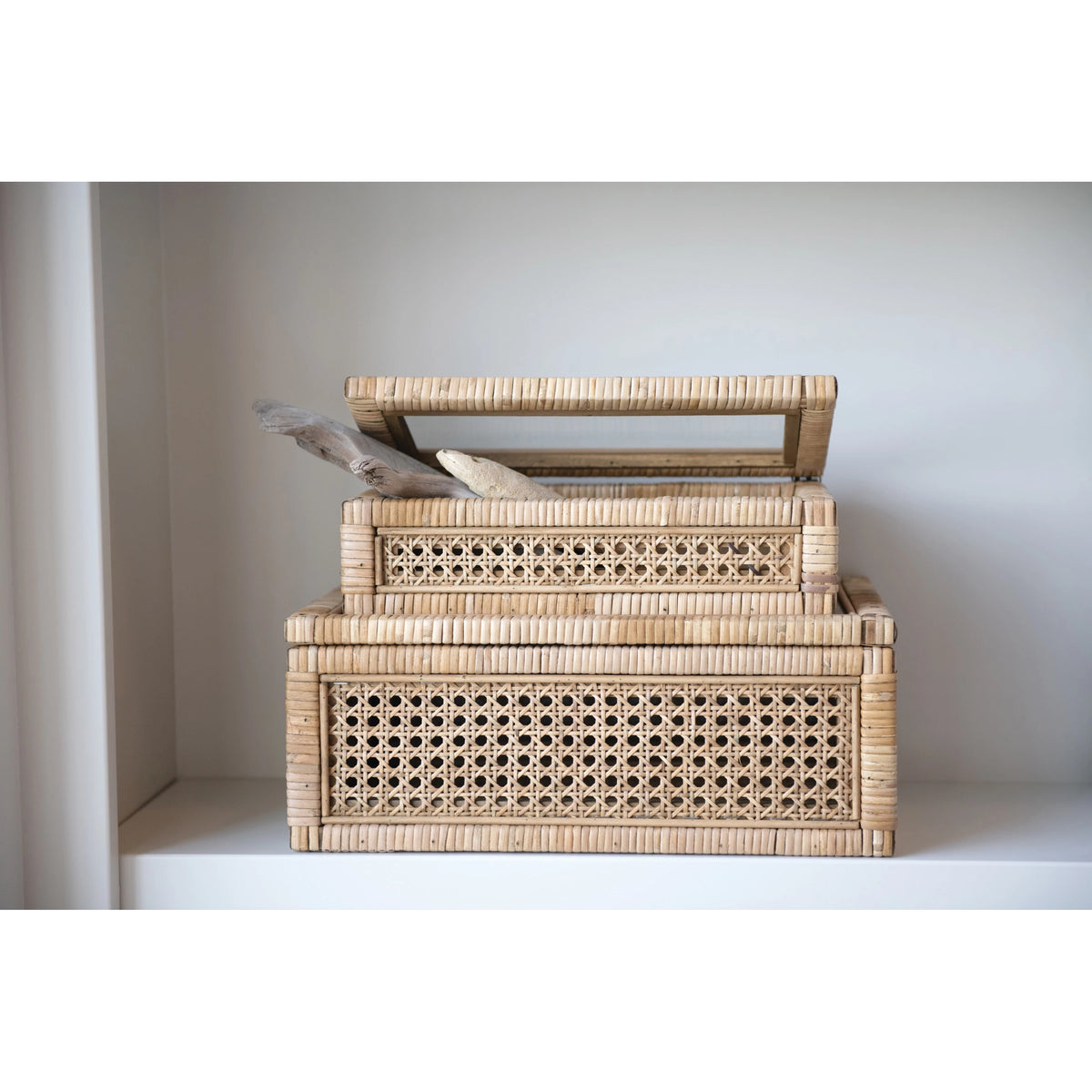 Rattan Display Boxes with Glass Lids/ Set of 2