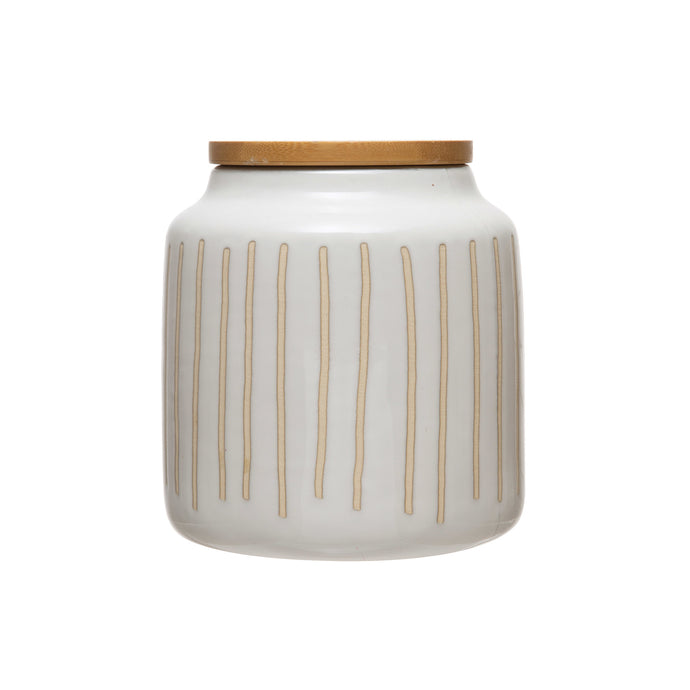 Stoneware Canister with Debossed lines and Bamboo Lid