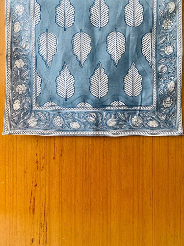 Stone Blue and Off White Leaves Printed Table Runners