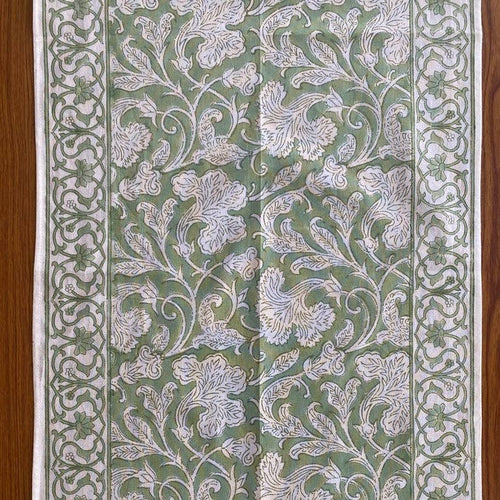 Sage Green and White Block Printed  Table Runner
