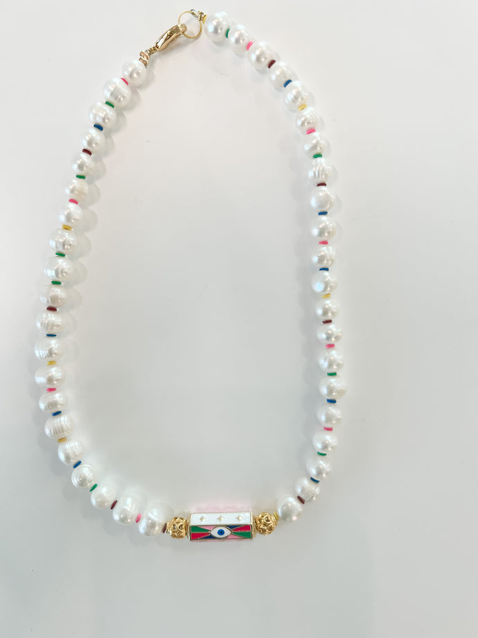 Oeil Pearl with Multi colored Evil Eye Necklace