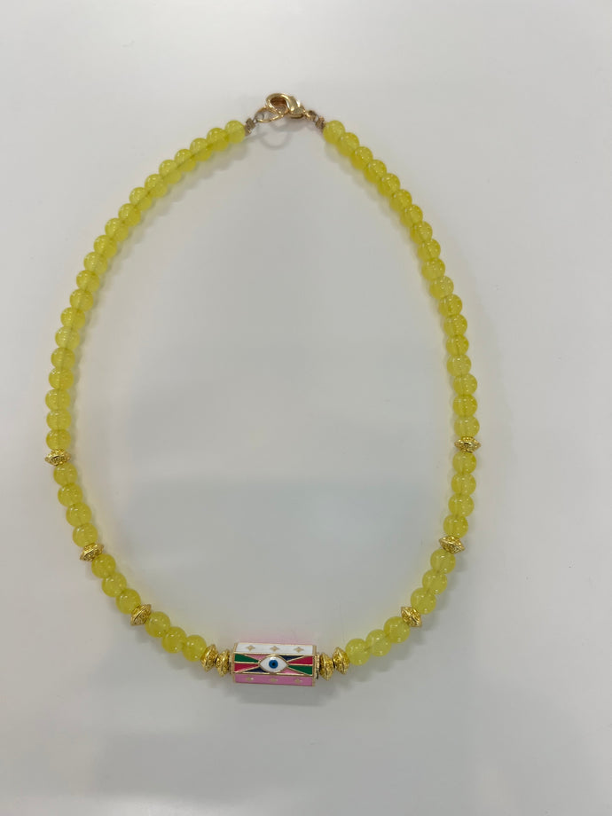 Oeil Jaune with Pink and White Evil Eye Necklace